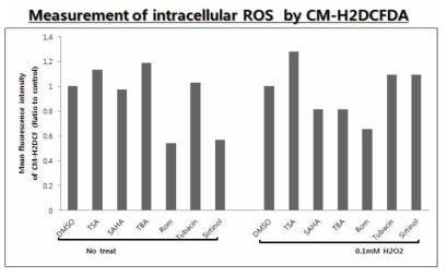 HDAC/SIRT inhibitor처리 후 intracellular ROS 측정.A549에 HDAC or SIRT 저해제를 pre-treat를 4시간 한후, 0.1uM H2O2를 24시간 처리한 후, CM-H2DCFdye로 FACS를 찍어 ROS 측정