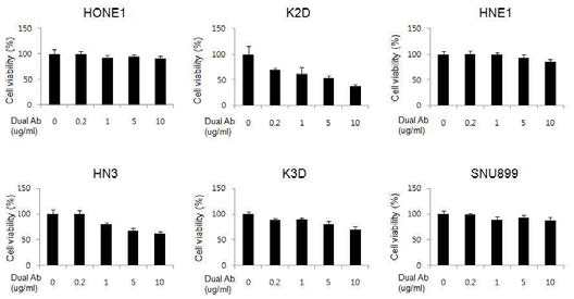 두경부암 HONE1, HNE1, K1D, K2D, K3D 세포주들에서 ME22S 처리시 세포사멸을 MTT assay 로 확인 함