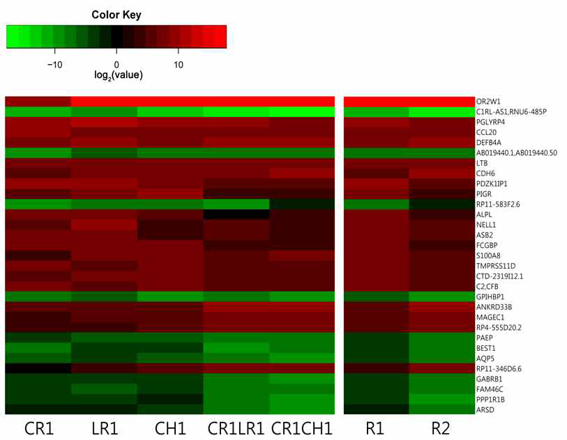 The heatmap of log2 fold changes of gene expression in ALK inhibitor-resistant cell lines compared to parental H3122 cell lines. The image represents the top 20 absolute log2 fold changes in each comparison (H3122 vs. R1 and H3122 vs. R2; total: 32 genes). Eight genes among the top 20 absolute log2 fold changes in both the R1 and R2 groups are shown in bold texts