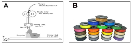 (A) 3D 프린터 구동 원리, (B) 열가소성 생체적합 고분자 재료