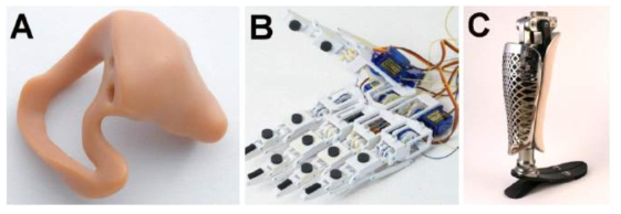 3D 프린팅 활용 사례 - A. 보청기, B. 의수, C. 의족