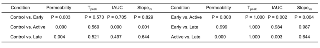 P-values of post-hoc two sample t-test between groups for permeability, Tpeak, IAUC and Slopeini (Magnetic Resonance in Medicine, in final revision)