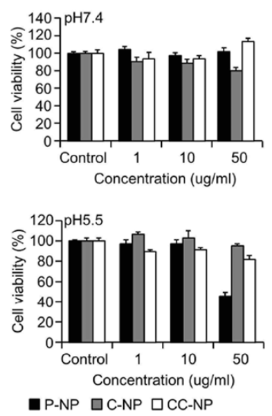 Viability assay of CC-NP treated Jurkat T cells exposures at different pH