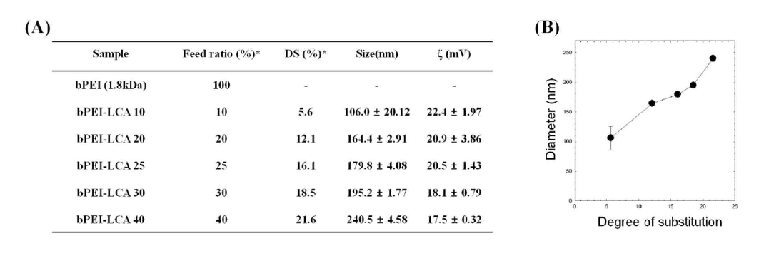 양이온성 양친성 고분자의 (A) 물리화학적 특성 및 (B) 담즙산 치환도에 따른 입자크기