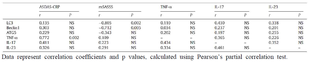 Correlations of autophagy markers with clinical and biochemical variables in AS patients