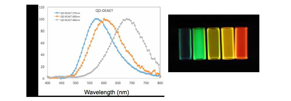 수분산된 CuInS2/ZnS 양자점의 발광스펙트럼 측정 결과(좌) 및 사진(우)