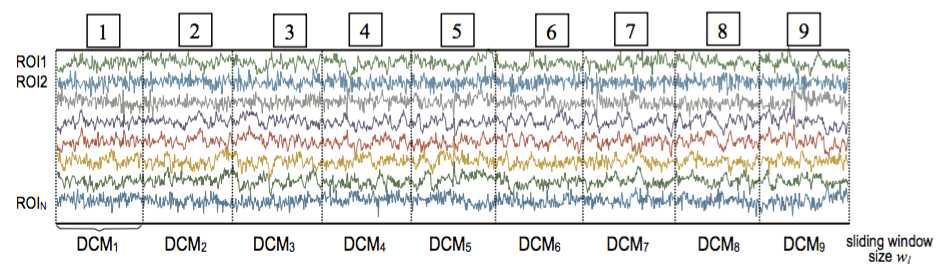 rs-fMRI 신호를 뇌의 8개 영역들로부터 추출한 후 이를 9개의 구간으로 나누어 각각의 구간의 시계열 데이터로부터 DCM을 추정함
