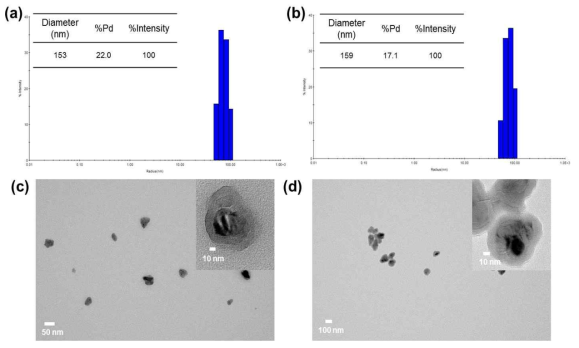 scale up 전 (a), (c)와 후 (b), (d)의 DLS 및 TEM 결과