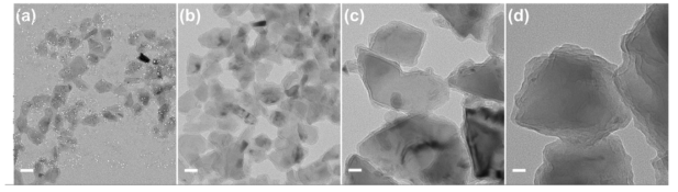 (a) 20 nm, (b) 40 nm, (c) 80 nm, (d) 150 nm의 FND를 이용한 PDA coating 후 측정된 TEM 사진. Scale bar는 25 nm 이다