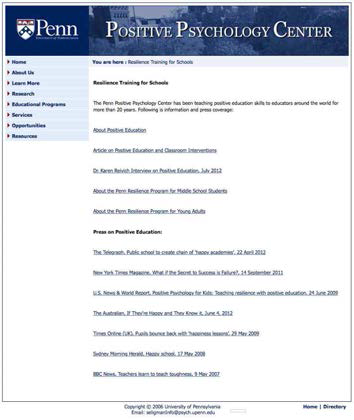 펜 회복력 프로그램을 제공 중인 미국의 펜실베니아 대학 긍정 심리 센터의 홈페이지