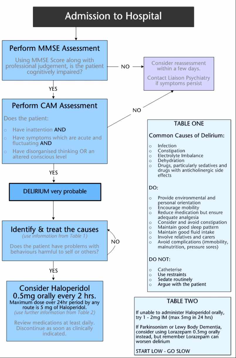 NHS tayside 섬망 진료지침의 섬망 진료 알고리즘