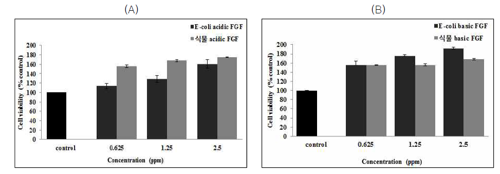 식물유래 및 대장균유래 성장인자 a/bFGF의 각질형성세포주(HaCaT) 생존율에 미치는 영향 (A) aFGF의 세포생존율 (B) bFGF의 세포생존율