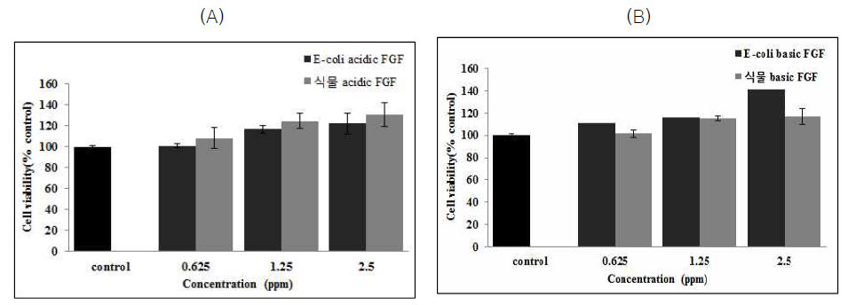 식물유래 및 대장균 유래 성장인자(a/bFGF)의 섬유아세포(CCD-986sk) 생존율에 미치는 영향 (A) aFGF의 세포생존율 (B) bFGF의 세포생존율