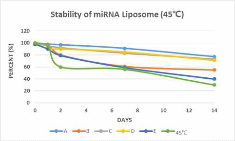 고온(45℃)에서의 리포좀 제형 (A~E)에 따른 miRNA의 안정성 결과
