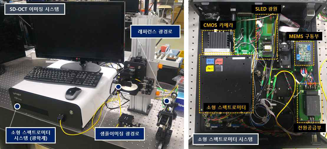 (좌) SD-OCT 이미징 시스템, (우) 소형 스펙트로미터 시스템 (광학계) 구성도