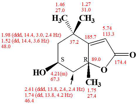 화합물 E-523-1의 화학구조 및 proton, carbon peak의 귀속