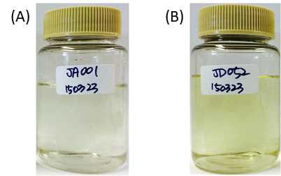 제조된 미세조류 추출물 시제품 (A) JA001, (B) JD052