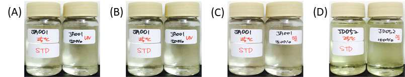 자외선 및 고온 노출에 따른 시제품의 안정성 평가, (A) 자외선-JA001, (B) 자외선–JD052, (C) 고온-JA001 (D) 고온–JD052
