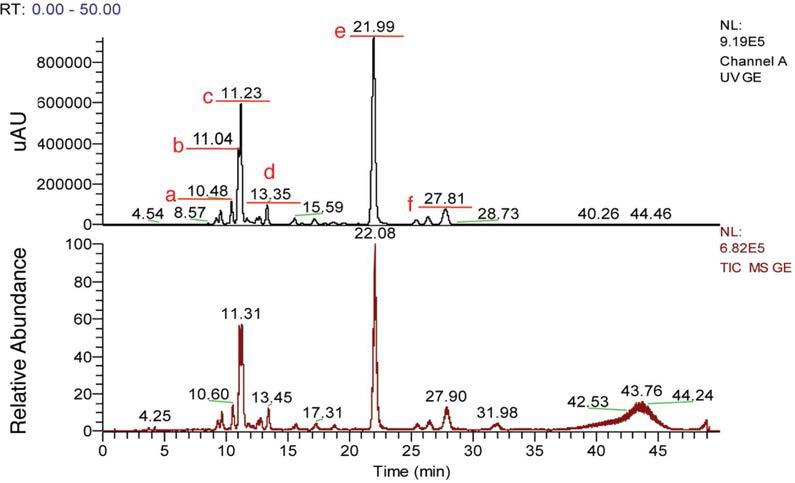 Ettlia sp. YC001 추출물의 HPLC chromatogram