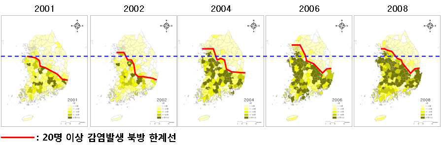 연간 20명이상 환자가 발생한 지역의 국내 분포 지도 (2001 - 2008년 자료)