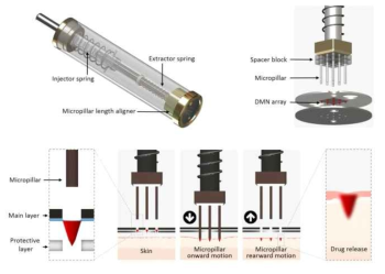 마이크로랜서 장비 및 슈팅 기작 (Lahiji, Shayan F.et al., “A Patchless Dissolving Microneedle Delivery System Enabling Rapid and Efficient Transdermal Drug Delivery.” Scientific Reports 5 (2015): 7914)