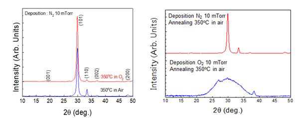 열처리 분위기와 증착 분위기에 따른 SnO 박막의 XRD 분석결과