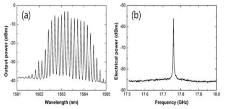 1차년도 개발 펄스레이저 다이오드의 특성 (a)광스펙트럼, (b)RF 스펙트럼