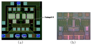 범용 SPDT 스위치 회로(ver.1.0)의 레이아웃(a)과 칩 사진(b)