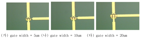 AlGaAs/InGaAs pHEMT epi-wafer 상에 제작된 2 finger FET의 이미지