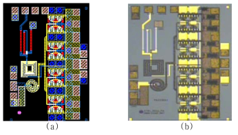 제작된 1 W 급 전력증폭기 회로의 레이아웃(a)과 칩 사진(b)