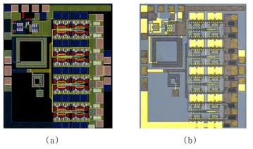 제작된 2 W급 전력증폭기 회로의 레이아웃(a)과 칩 사진(b)