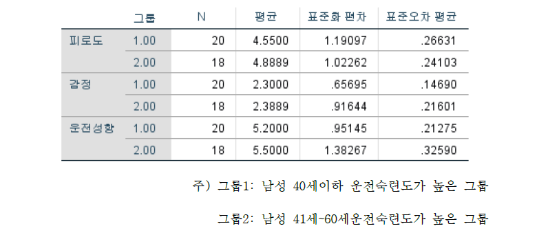 운전숙련도가 높은 남성그룹의 집단통계량