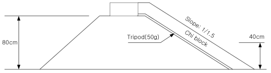 수리특성 및 안정성 실험 모형설치 모식도(월파 차단조건)