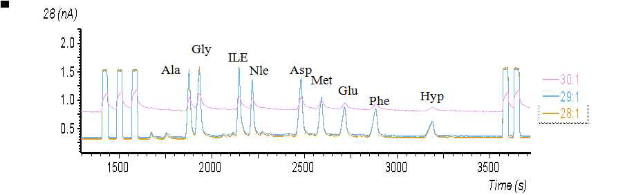 GC/IRMS를 이용하여 아미노산 표준 물질을 분석한 chromatogram