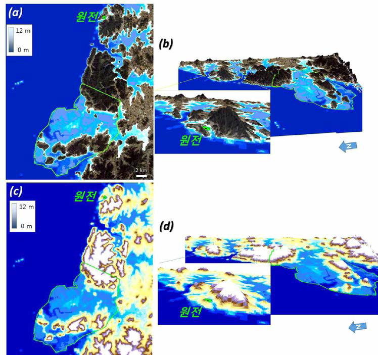 영광 연안의 침수 시뮬레이션 및 범람 지도; (a) 항공영상 기반 해수면 12m 침수 결과, (b) 한빛원자력본부 중심 확대 이미지, (c) 수치표 고모델 기반 해수면 12m 침수 결과, (d) 한빛원자력본부 중심 확대 이미지