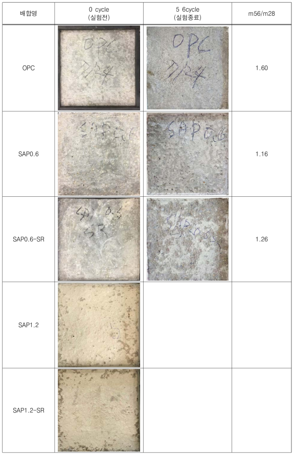 콘크리트 배합비(3) : 표면박리저항성 실험 전후 콘크리트 표면사진(1)