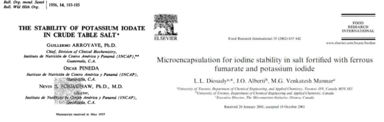1956년 요오드산염의 직접첨가법을 이용한 table salt의 제조 관련 논문과 2002년 요오드화물을 마이크로캡슐레이션 기술에 적용하여 만든 요오드 강화소금의 제조