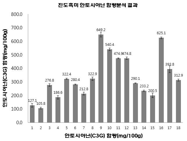 진도흑미 계통별 출수시간에 따른 수확물의 안토시아닌 함량 결과(mg/100g)