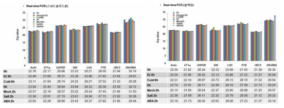 다양한 스트레스 조건하에서 수박 항존 유전자 발현량 비교