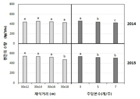 연도별 재식거리와 주당본수에 따른 완전미 수량. 재식거리는 주당본수 3처리 평균,주당본수는 재식거리 4처리 평균값임