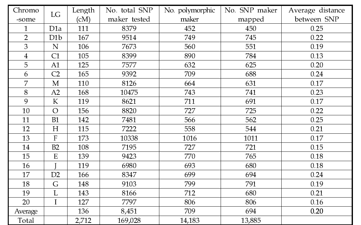 신화/OT93-28 개화유전자 분석 집단의 SNP chip genotyping 분석 결과