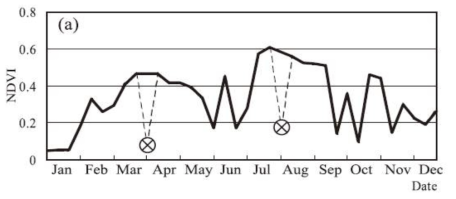 선형 보간법을 이용해 결손자료를 내삽한 NDVI 시계열 결과 예시 (Chen et al.,2004). [1차년 연차보고서 인용]