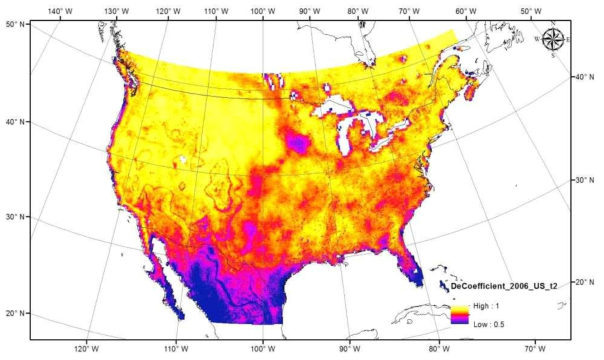 픽셀 기반의 MODIS 기온과 AMSR-E 밝기온도간의 결정계수 분포. 대체로 서부 지역에서 두 자료간의 결정계수가 크게 나타난 반면, 남부 지역에서는 결정계수가 0.7 이하로 나타났다. [1차년 연차보고서 결과 인용]