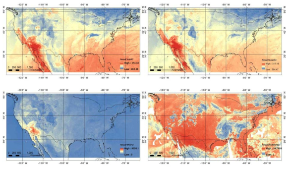 2017년 8월31일 기준(DOY 243일) 미국 전역에 대한 전천후 기상입력자료 생산 결과 예시. 연 평균 최저온도(상단 좌측), 평균온도(상단 우측), VPD(하단 좌측), 일사량 지도(하단 우측) [4차년 연말평가용 보고서 인용]