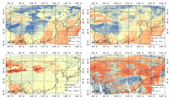 2017년 8월31일 기준(DOY 243일) 동북아시아 연구지에 대한 전천후 기상입력자료 생산 결과 예시. 연 평균 최저온도(상단 좌측), 평균온도(상단 우측), VPD(하단 좌측), 일사량 지도(하단 우측)[4차년 연말평가용 보고서 인용]