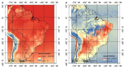 브라질 사례연구지 대상 전천후 기상자료 생산 예시. 2013년 기준 연평균 온도(좌)와 VPD(우) 지도[4차년 연말평가용 보고서 인용]