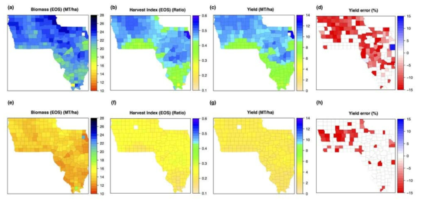 2015년 미국 사례 연구지역 중 Iowa와 Illinois 에 대한 옥수수(상단)와 콩(하단)의 건중량[(a)와 (e)], 수확지수[(b)와 (f)], 수확량[(c)와 (g)], 수확량 오차[(d)와 (h)]. 참조 건중량은 수확일 기준(EOS)을 사용하였다 [3차년 연차보고서 결과 인용]