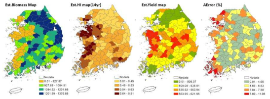 한반도 연구지를 대상으로 벼 작물 생육인자 추정결과 평균 지도(2003년부터 2017년까지 15년간). 우측부터 추정 건중량, 수확지수(HI260), 추정 수확량, 평균 절대오차(relative Mean Absolute Error, relative MAE) 지도 [4차년 연차평가보고서 결과 인용]