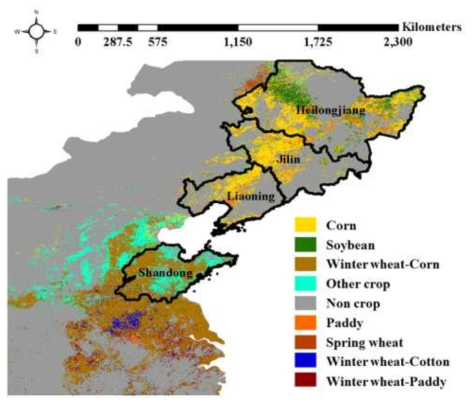 중국 대상 지역(2010년 중국 작물 구분도 제작 결과)