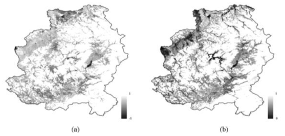 길림성 지역의 관개시기(2010년 6월 10일) MODIS 영상 비교 (a) NDVI 자료, (b) NIR 자료